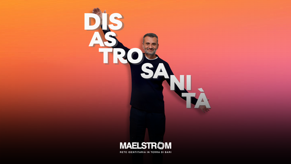 Grafica - Disastro Sanità ©MAELSTROM BLOG - A. Decaro ha tra le mani la scritta "disastro sanitario""